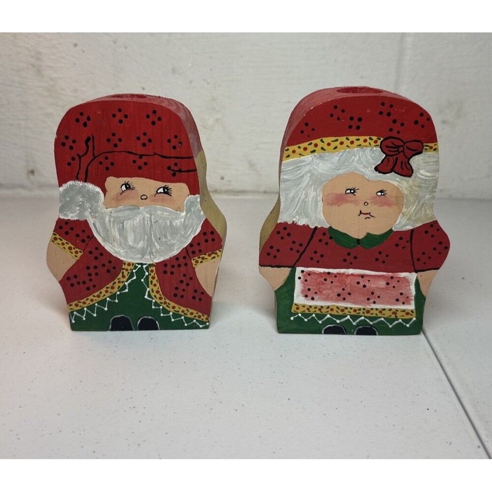 VTG Santa And Mrs Claus Candle Holders Wooden Hand Painted Artist Signed 5.5"